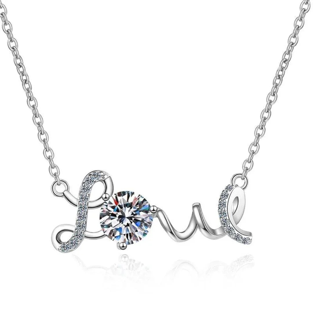 RSP-143 Sterling Silver Moissanite Letter Love Dainty Necklace - Ringshing.com